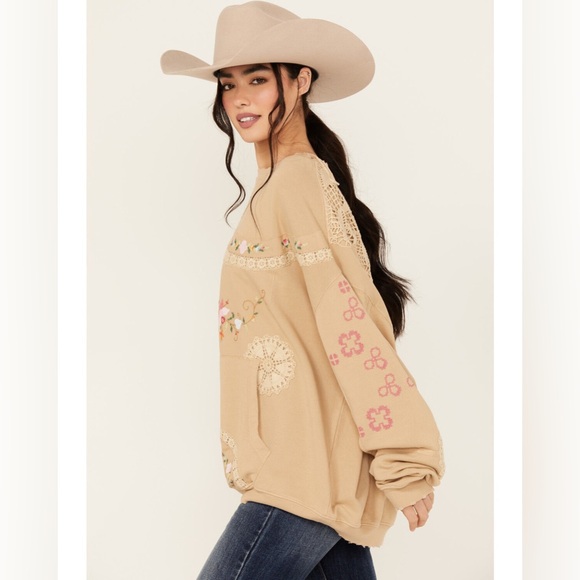 free people women’s floral crewneck sweatshirt - beige size medium nwt - Picture 5 of 6